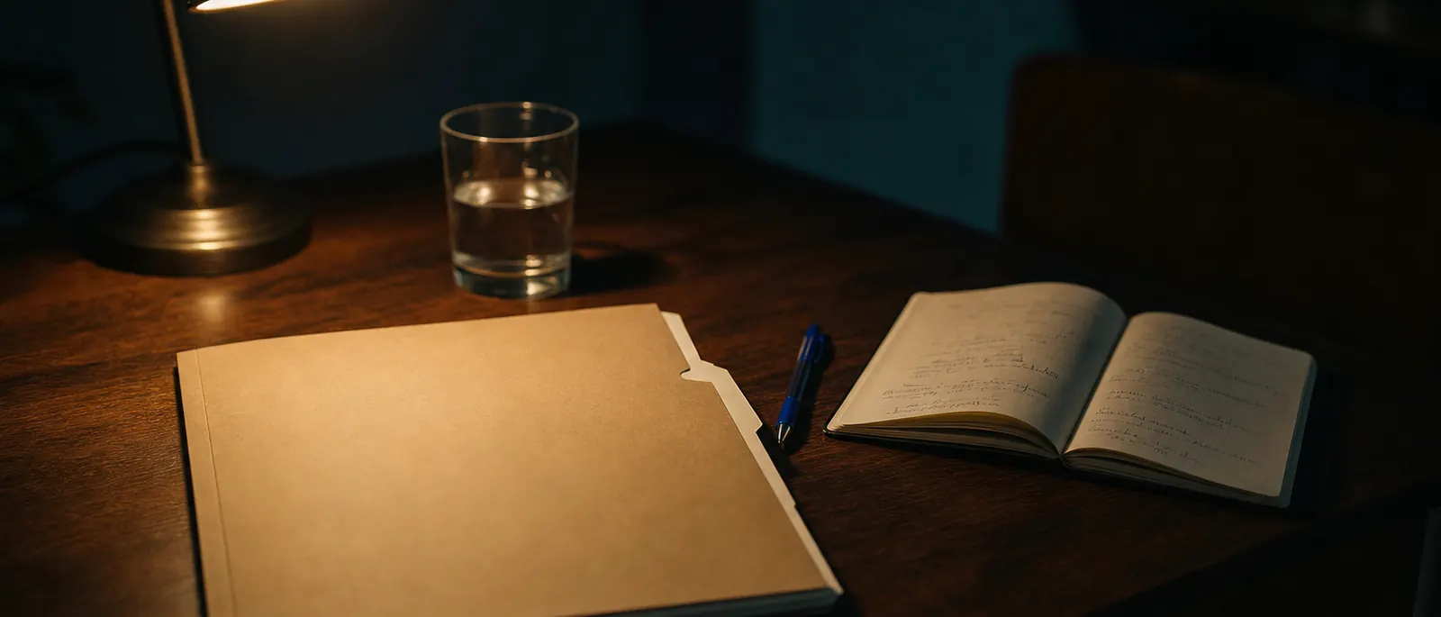Un dossier cartonné, un stylo bille et un carnet ouvert sur un bureau, éclairés par une lampe.